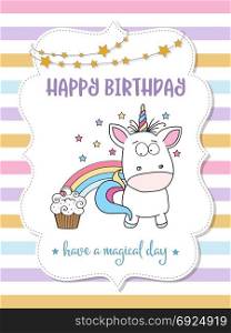 happy birthday card with lovely baby unicorn, vector format