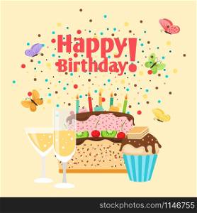 Happy birthday card with muffin, cake and a glass of champagne, vector illustration. Muffin, cake and champagne birthday card