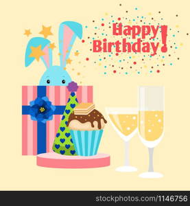 Happy birthday card with rabbit, muffin, present and a glass of champagne, vector illustration. Happy birthday card with rabbit