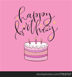 Happy Birthday card with sweet cake. Printable design on pink background. Greeting calligraphic card for birthday event. Happy Birthday card with sweet cake. Printable design on pink background. Greeting calligraphic card for birthday event.