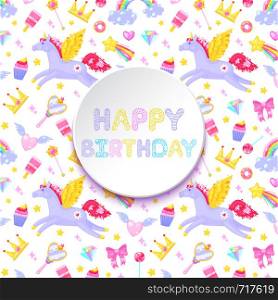 Happy birthday card with unicorns,hearts,clouds, rainbow and other elements on white background.