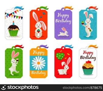 Happy birthday cards. Birthdays greeting and invitation tags with white rabbit and cake vector illustration. Happy birthday cards and invitation tags