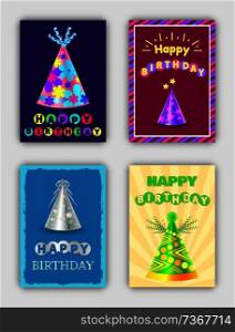 Happy birthday cards set of vector illustrations, colorful frames and striped background with abstract shine, cones with stars and different flowers. Happy Birthday Cards Set of Vector Illustrations