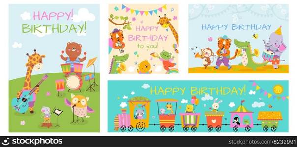 Happy birthday cards with cartoon animals. Africa zoo, tiger and giraffe play music and travel with tram. Party childish pets, nowaday vector invitation template animal on train illustration. Happy birthday cards with cartoon animals. Africa zoo, tiger and giraffe play music and travel with tram. Party childish pets, nowaday vector invitation template