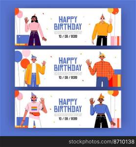 Happy birthday cards with diverse people celebrate together. Vector greeting posters with flat illustration of balloons, gift boxes, elderly woman, african american girl, caucasian man and lgbt person. Happy birthday cards with diverse people