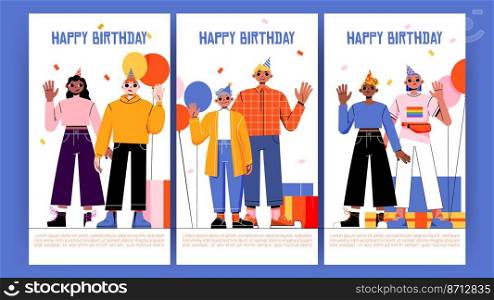Happy birthday cards with diverse people celebrate together. Vector greeting posters with flat illustration of balloons, gift boxes, elderly woman, african american girl, caucasian man and lgbt person. Happy birthday cards with diverse people
