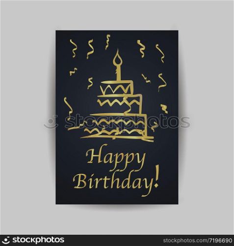 Happy birthday celebrating and greeting card, with cake and confetti, minimalism creative unique design.hand drawn line art vector illustration. Isolated on background with shadow