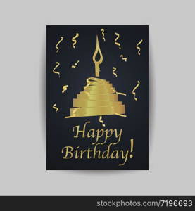 Happy birthday celebrating and greeting card, with cake and confetti, minimalism creative unique design.hand drawn line art vector illustration. Isolated on background with shadow