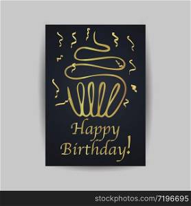 Happy birthday celebrating and greeting card, with cake and confetti, minimalism creative unique design.hand drawn line art vector illustration. Isolated on background with shadow