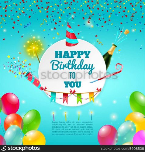 Happy birthday celebration background poster. Happy birthday adult party celebration background template or invitation card with champagne and decorations abstract vector illustration