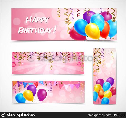 Happy birthday celebration banners set with bunch of balloons and ribbons isolated vector illustration. Celebration Banners Set