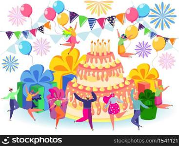 Happy birthday celebration concept with friends, big cake, boxes with gifts, fireworks, balloons and people. Anniversary confetti with happy funny flat cartoon characters.. Happy birthday celebration concept with friends. Anniversary confetti with happy funny flat cartoon characters.