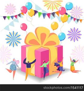 Happy birthday celebration concept with friends, box with gift and people. Anniversary confetti with happy funny flat cartoon characters.. Happy birthday celebration concept with friends. Anniversary confetti with happy funny flat cartoon characters.