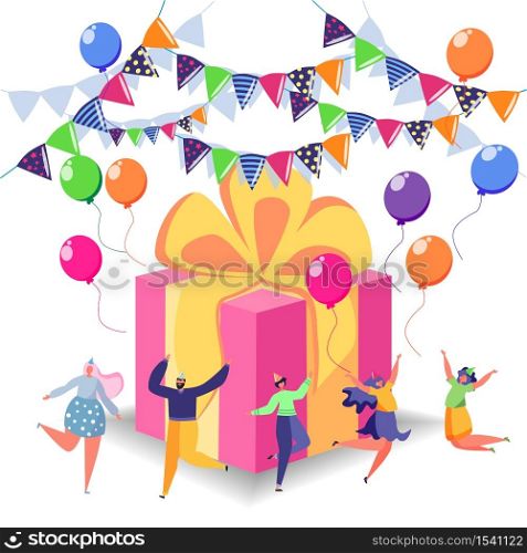 Happy birthday celebration concept with friends, box with gift and people. Anniversary confetti with happy funny flat cartoon characters.. Happy birthday celebration concept with friends. Anniversary confetti with happy funny flat cartoon characters.