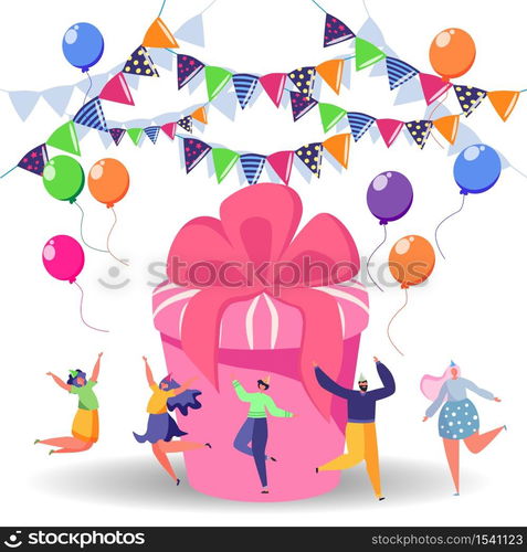 Happy birthday celebration concept with friends, box with gift and people. Anniversary confetti with happy funny flat cartoon characters.. Happy birthday celebration concept with friends. Anniversary confetti with happy funny flat cartoon characters.