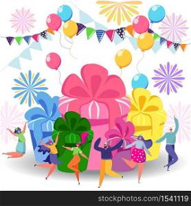 Happy Birthday celebration concept with friends, boxes with gifts, fireworks, balloons and people. Anniversary confetti with happy funny flat cartoon characters.. Happy birthday celebration concept with friends. Anniversary confetti with happy funny flat cartoon characters.