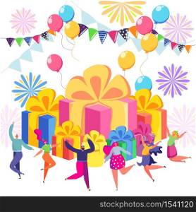 Happy Birthday celebration concept with friends, boxes with gifts, fireworks, balloons and people. Anniversary confetti with happy funny flat cartoon characters.. Happy birthday celebration concept with friends. Anniversary confetti with happy funny flat cartoon characters.