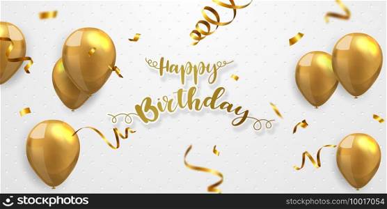 Happy Birthday Celebration party banner with Gold balloons background. Sale Vector illustration. Grand Opening Card luxury greeting rich.
