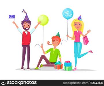 Happy birthday celebration vector, people having party. Man and woman with presents and packages with surprise. Male and female holding flags on stick. Happy Birthday Celebration , People Having Party