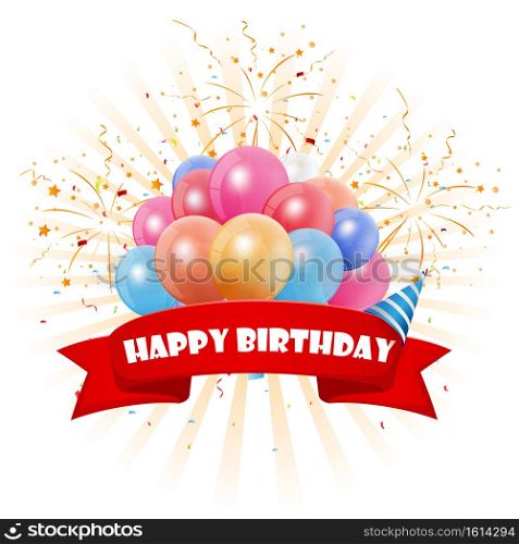Happy birthday celebrations banner with colorful balloons and confetti