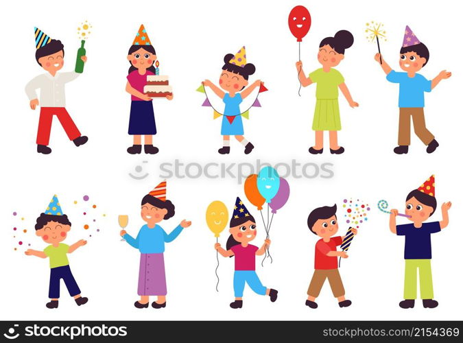 Happy birthday characters. Isolated people, woman with cake. Adult and children celebrate, family party. Festive gifts vector set. Illustration of people birthday, woman and man entertainment. Happy birthday characters. Isolated people group, woman with cake. Adult and children celebrate, family party. Festive gifts decent vector set