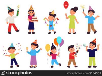 Happy birthday characters. Isolated people, woman with cake. Adult and children celebrate, family party. Festive gifts vector set. Illustration of people birthday, woman and man entertainment. Happy birthday characters. Isolated people group, woman with cake. Adult and children celebrate, family party. Festive gifts decent vector set