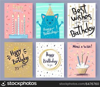 Happy Birthday Collection of Creative Postcards. Happy birthday collection of creative greeting postcards with inscriptions. Vector illustration of cake with candle and blue cartoon cat wearing hat