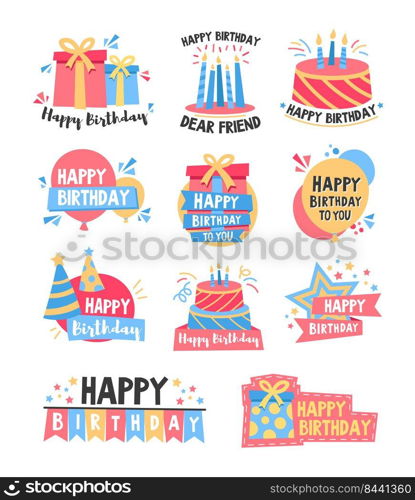 Happy birthday colorful badges set. Pink and blue cakes with candles, gift boxes, celebration hats with text. Can be used for logo, greeting cards, festive banners design