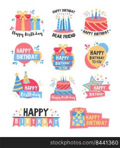 Happy birthday colorful badges set. Pink and blue cakes with candles, gift boxes, celebration hats with text. Can be used for logo, greeting cards, festive banners design