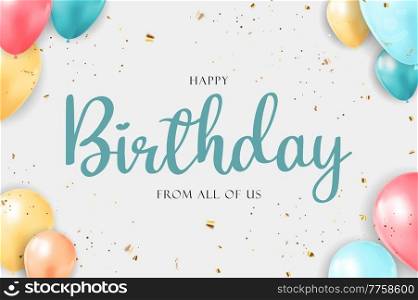 Happy Birthday congratulations banner design with Confetti, Balloons and Glossy Glitter Ribbon for Party Holiday Background. Vector Illustration EPS10. Happy Birthday congratulations banner design with Confetti, Balloons and Glossy Glitter Ribbon for Party Holiday Background. Vector Illustration