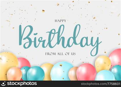 Happy Birthday congratulations banner design with Confetti, Balloons and Glossy Glitter Ribbon for Party Holiday Background. Vector Illustration EPS10. Happy Birthday congratulations banner design with Confetti, Balloons and Glossy Glitter Ribbon for Party Holiday Background. Vector Illustration