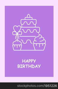 Happy birthday cute postcard with linear glyph icon. Anniversary wishes. Greeting card with decorative vector design. Simple style poster with creative lineart illustration. Flyer with holiday wish. Happy birthday cute postcard with linear glyph icon