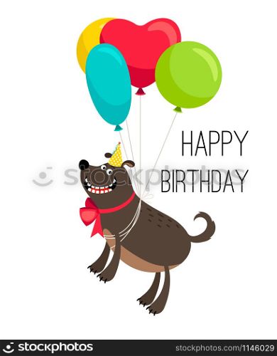 Happy birthday dog card. Cartoon birthday holiday poster with cute happy dog pet on balloons vector illustration. Happy birthday dog card
