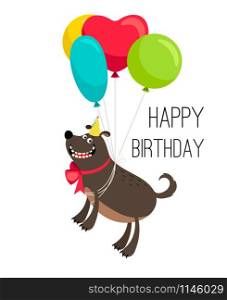 Happy birthday dog card. Cartoon birthday holiday poster with cute happy dog pet on balloons vector illustration. Happy birthday dog card