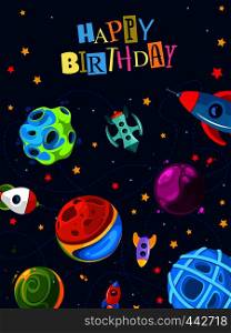 Happy birthday gift card with cute planets and rockets. Happy birthday kids poster with rocket and star. Vector illustration. Happy birthday gift card with cute planets and rockets