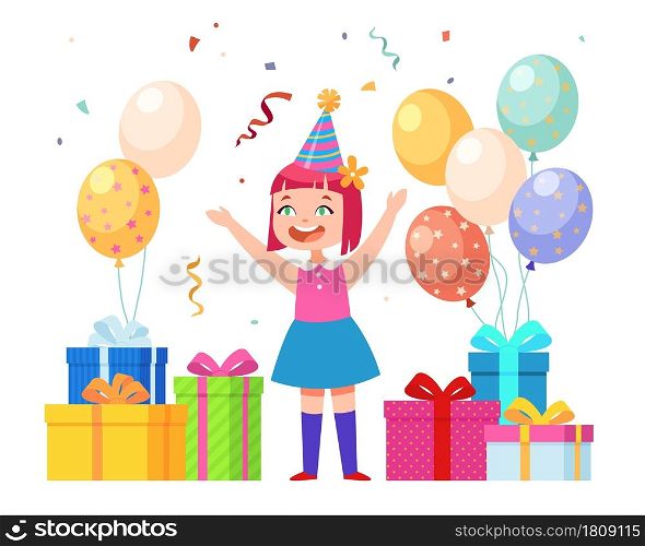 Happy birthday girl. Young child with gifts, balloons and confetti. Funny character. Kids party celebration. Design template for greeting card or invitation. Vector cartoon flat style isolated concept. Happy birthday girl. Young child with gifts, balloons and confetti. Funny character. Kids party celebration. Design template for greeting card or invitation. Vector cartoon isolated concept