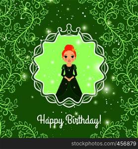 Happy Birthday green greeting card with fairy princess and leaf ornament. Vector illustration. Happy Birthday green card with princess