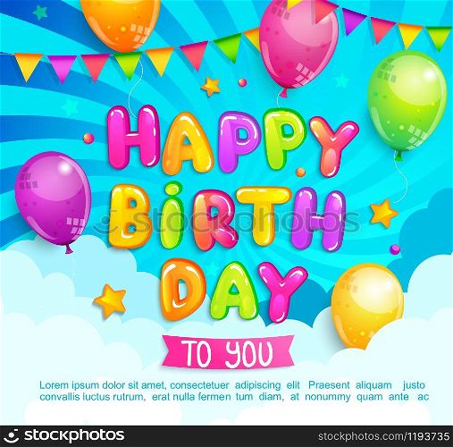 Happy Birthday greeting banner with balloon, flags, clouds on sunburst background. Design template for celebration. Great for invitation flyers, posters, cards. Vector illustration.. Happy Birthday greeting banner.