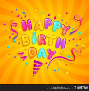 Happy Birthday greeting banner with cracker and confetti on sunburst background. Design template for celebration. Great for invitation flyers, posters, cards. Vector illustration.. Happy Birthday greeting banner with cracker.