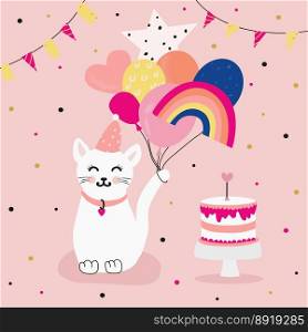 Happy birthday greeting card cat with cake and balloons, vector illustration. Happy birthday greeting card cat with cake and balloons, vector illustration.
