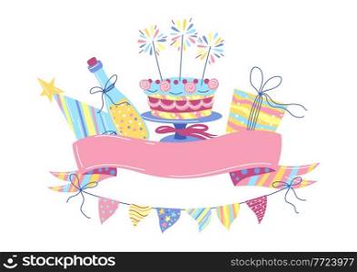 Happy Birthday greeting card. Party invitation. Celebration or holiday items.. Happy Birthday greeting card. Celebration or holiday items.