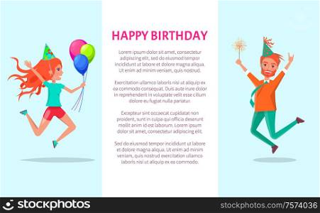 Happy birthday greeting card, redhead man and woman merrily jump on Bday party. Cartoon people in festive hats and sparkler leap of joy with hands up, vector. Happy Birthday Greeting Card Redhead Man and Woman