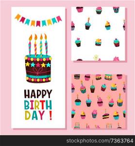Happy birthday greeting card. Two seamless patterns.  Lovely birthday Cakes with candles. For printing on textiles, paper. For packing gifts and sweets. To decorate a fun holiday.