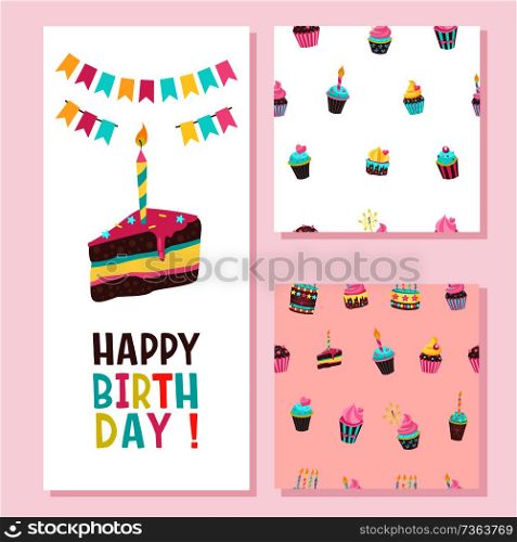 Happy birthday greeting card. Two seamless patterns. Lovely birthday Cakes with candles. For printing on textiles, paper. For packing gifts and sweets. To decorate a fun holiday.