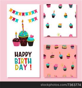 Happy birthday greeting card. Two seamless patterns.  Lovely birthday Cakes with candles. For printing on textiles, paper. For packing gifts and sweets. To decorate a fun holiday.