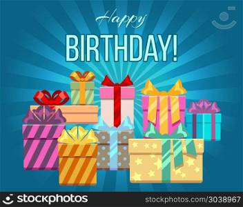 Happy birthday greeting card with a heap of gift boxes. Happy birthday greeting card with a heap of gift boxes. Banner with heap gift box, vector illustration