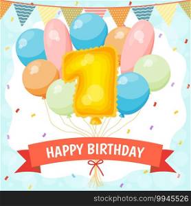 Happy birthday greeting card with big foil number balloon, colorful balloons, garlands decorations and confetti. vector illustration