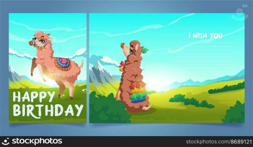 Happy birthday greeting card with cute llama, Peru alpaca animal cartoon character. Mexican Lama wear blanket and tassels grazing on mountain landscape. Postcard with place for wishes Vector template. Happy birthday greeting card with cute llama,
