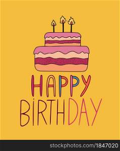 Happy birthday greeting card with illustrated cake on yellow background. Happy birthday greeting card with illustrated cake on yellow background.