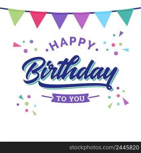 Happy birthday greeting card with vintage typography and bright colors on white background